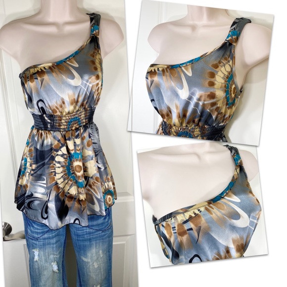 Satin One Shoulder Retro Tie Dye Design Tank Top - Picture 15 of 15